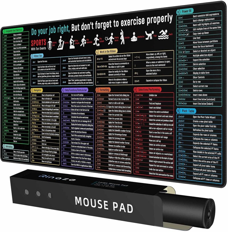 Rinaze Large Mouse Pad With Excel Shortcuts Cheat Sheet, Excel Tips Desk Mat, XXL Gaming Mousepad Keyboard Pad, Office Accessories for Computer, Mac, PC and Laptop - Image 1